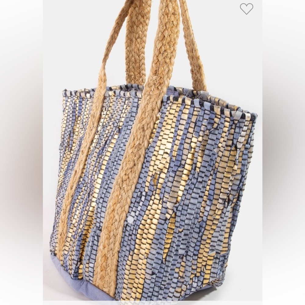 Leather Hand Woven Blue Tote Bag with Jute & Cotton contrast - Picture 2 of 4